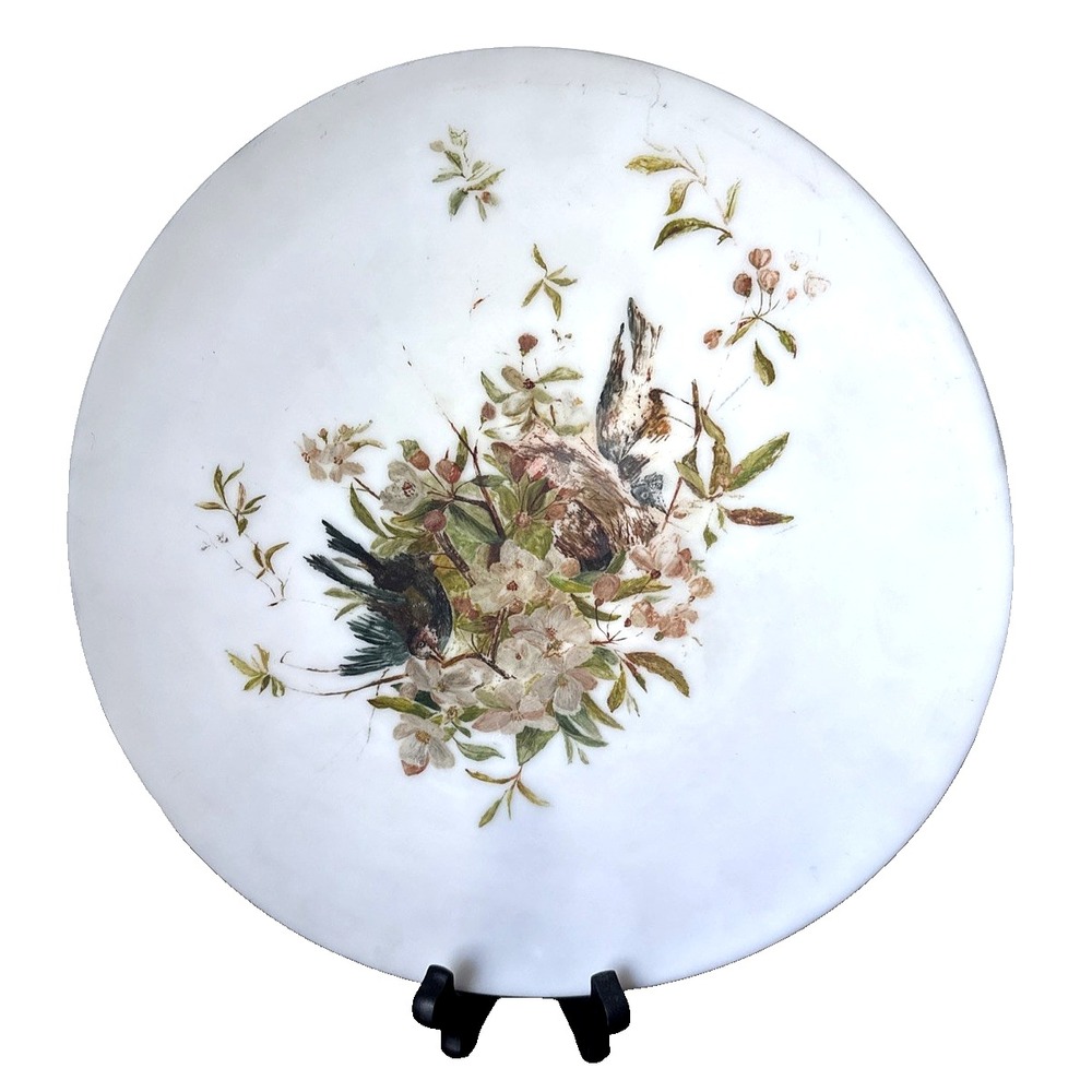 Vintage Hand Painted Satin Milk Glass Bird Floral Decorative Charger Plate 12"